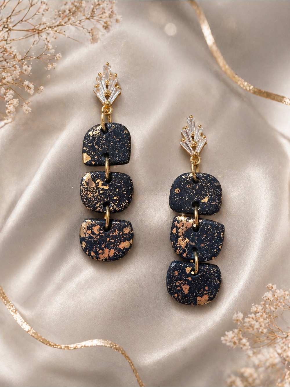 Gold Fleck Black Dangle Handmade Polymer Clay Earrings- Women Jewelry